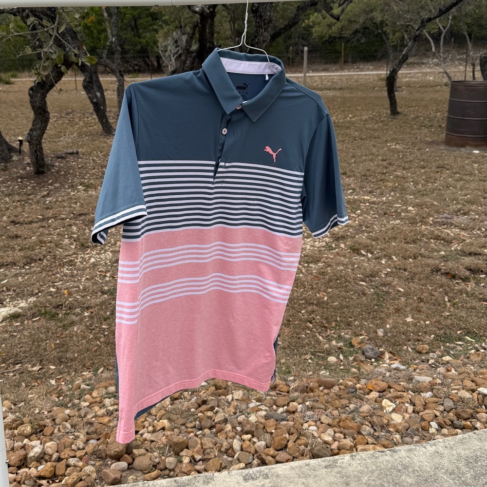 Puma Golf Polo Shirt Striped Blue Pink Short Sleeve